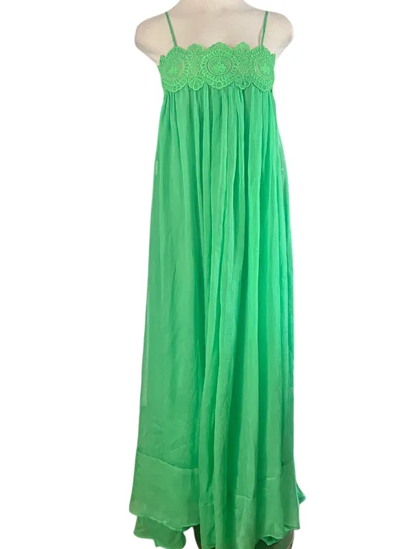 Lulus semi-sheer chiffon maxi dress delicate lace trim green Size Small NWOT - Image 2
