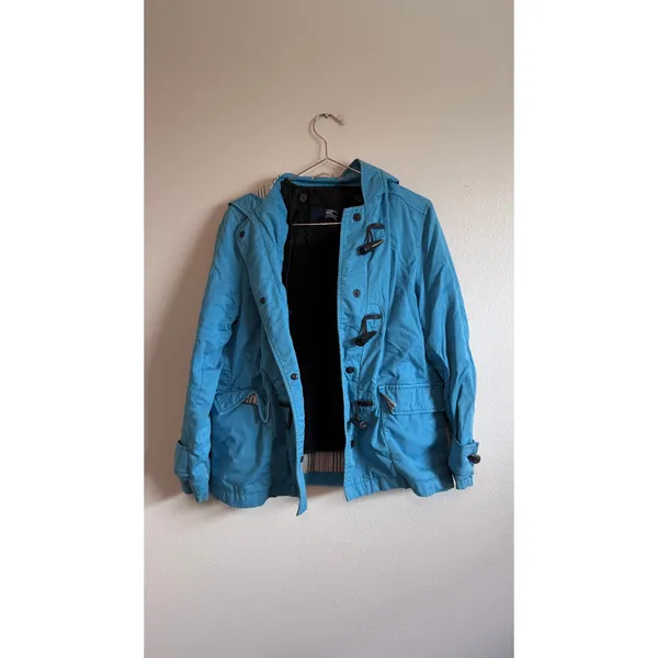 Burberry Toggle Coat Women 12 Blue Hooded Wool Liner Jacket Classic Luxury - Image 5