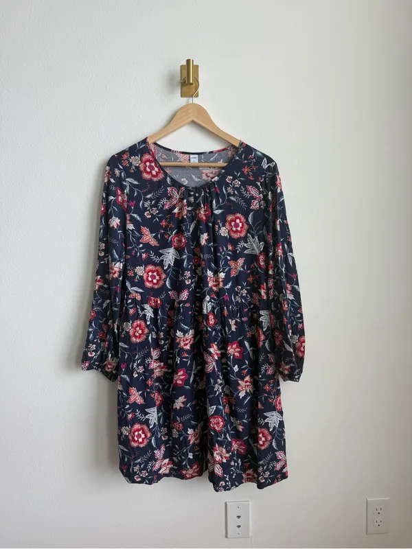 Old Navy Navy Floral Peasant Dress Women's Large Boho Keyhole Rayon Mini - Image 2