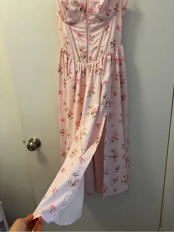 Amazon Floral Pink Corset Midi Dress with Side Slit - Image 3