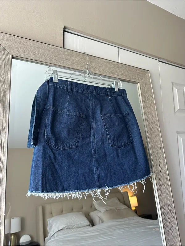 Madewell Blue Dark Wash Denim Raw Hem A-Line Mini Wrap Skirt Size 4 Small - Image 2