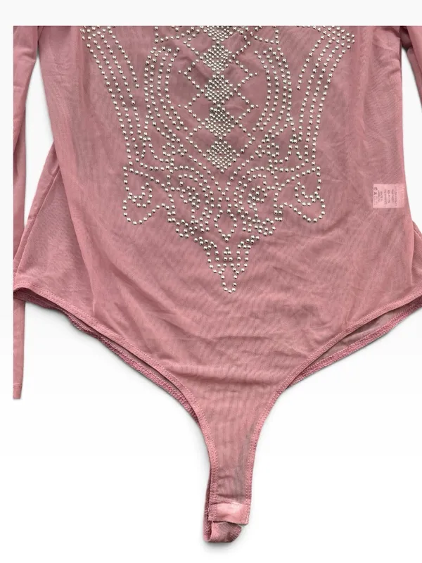 iris Dusty Rose Studded Mock Neck Mesh Long-Sleeve Bodysuit - Image 4