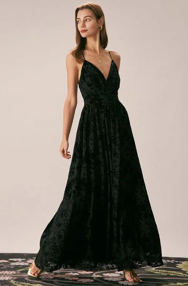 RIHOAS The Black Floral Flocked Mesh Slit Maxi Dress XS 37 - Image 2
