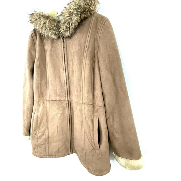 Gallery Women’s Jacket Faux Suede Leather Faux Fur Beige Size Large Hooded - Image 2