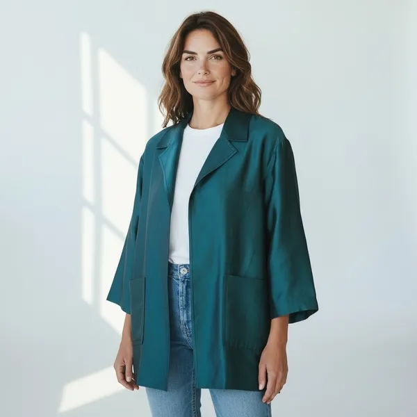 ST. JOHN COUTURE Sharkskin Silk Wool Blend Teal Open Front Jacket Blazer Size 8 - Image 14