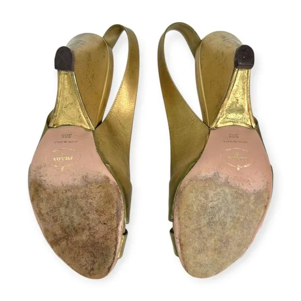 PRADA | US 8.5 / IT 38.5 | Metallic Gold Leather Peep-Toe Slingback Pumps - Image 10
