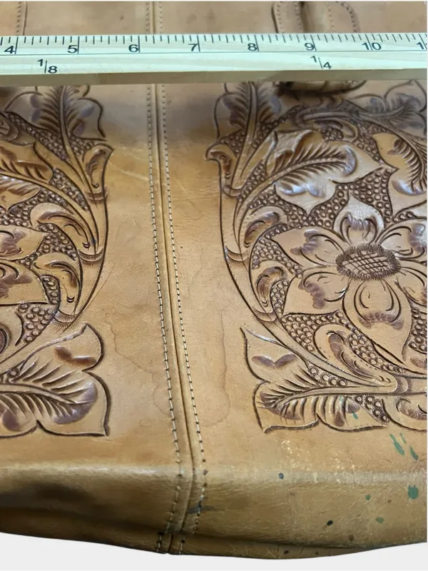 Vintage Mexican Hand Tooled Leather Tote Floral Carved Western Boho Shoulder Bag - Image 10