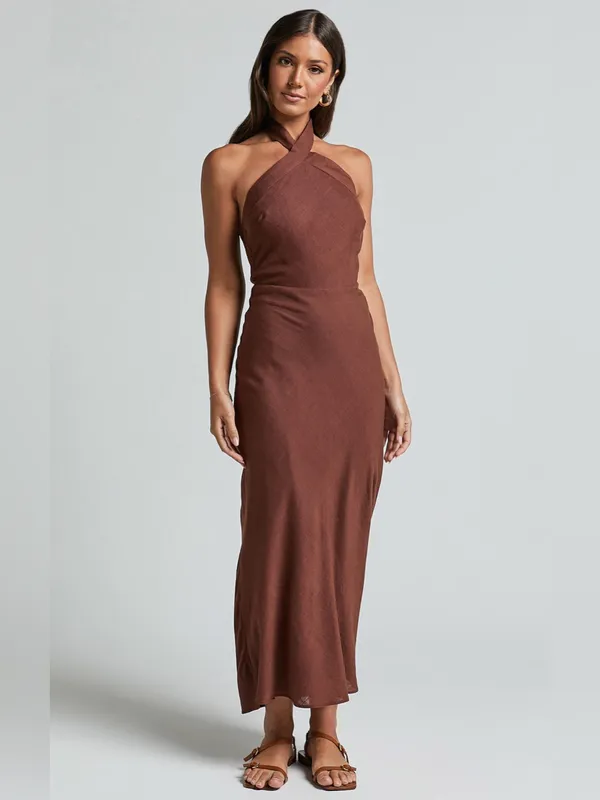 SHOWPO Maelynn Linen Twist Halter Neck Low Back Slip Dress In Chocolate - Image 6