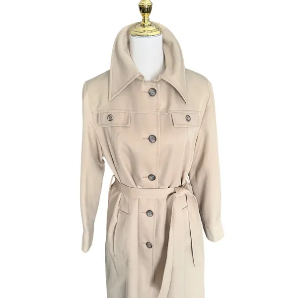 Vintage 70s Tan Beige Longline Belted‎ Trench Coat Duster Jacket Womens - Image 11