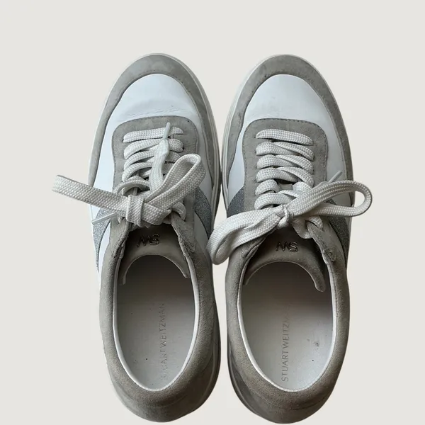 Stuart Weitzman Goldie Leather Suede Platform Sneakers White Grey Silver 7B - Image 6
