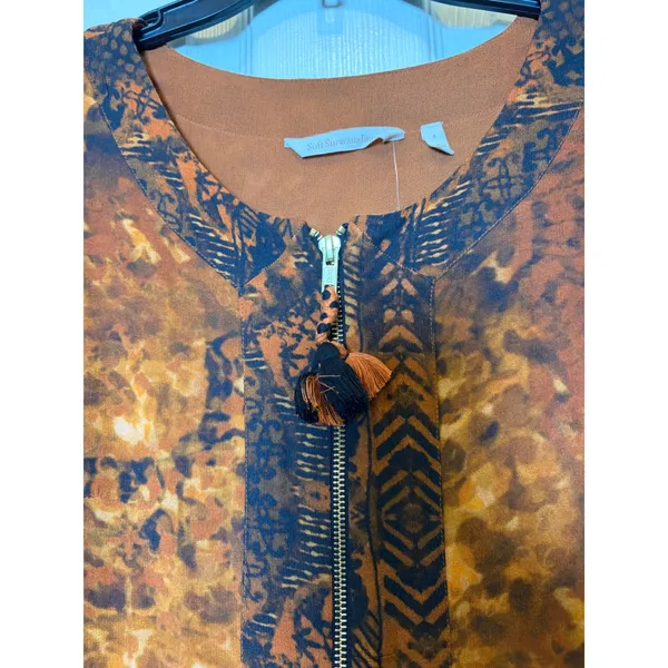 Soft Surroundings Rust Batik Midi Dress 3/4 Sleeve Tassel Zip Venetian boho Sz 4 - Image 7