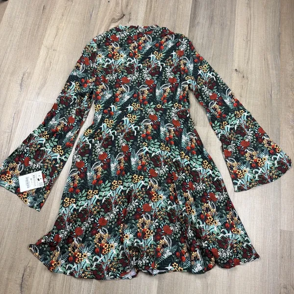 Zara Basic NWT XS‎ Floral Mini Dress Mock Neck Bell Sleeve Back Zip Viscose - Image 4
