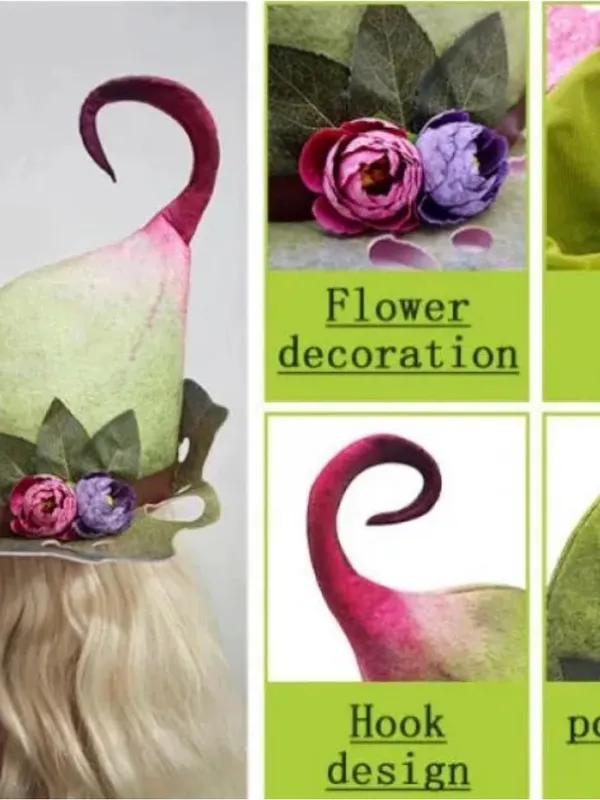 Felt Forest Fairy 🧚 Hat in Green and Pink with Floral Accents Witch costume - Image 5