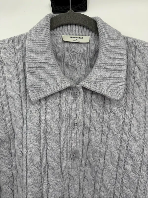 Aritzia Sunday Best Rosebud Polo Sweater S Gray Wool Cable Knit Cropped - Image 4