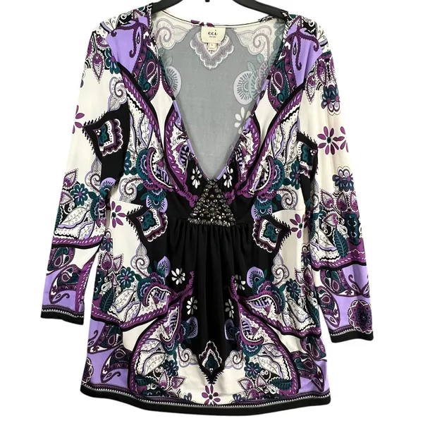 ECI Y2K Babydoll Tunic Dress L Purple Paisley Studded Top Fairy‎ Whimsygoth Boho - Image 6