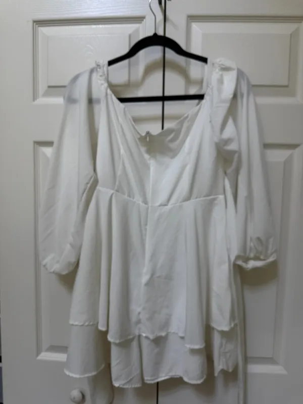 White Puff Sleeve Cutout Tie-Back Ruffle Mini Dress Small - Image 2