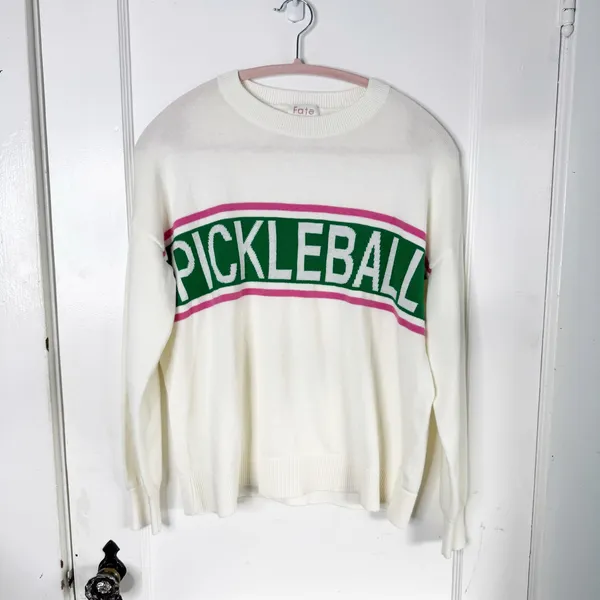 Fate Pickleball Spellout Crewneck Sweater Ivory Green Pink Lightweight Size S - Image 4