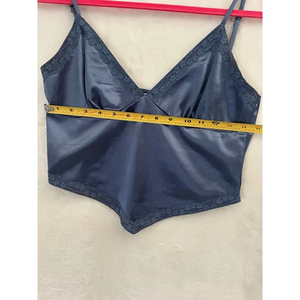 Better Be Navy Blue Satin Lace‎ Trim Handkerchief Hem Cropped Camisole Top Large - Image 8