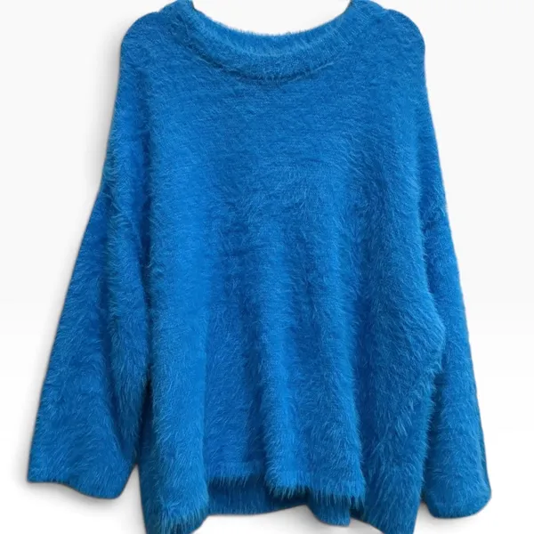 Free People Harrison Bunny Crew Neck Sweater Malibu Blue Fuzzy Eyelash‎ S NWT - Image 2