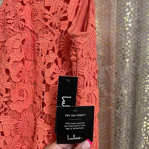 Lulus‎ Love Poem bright coral orange lace mini dress, size S, NWT - Image 3
