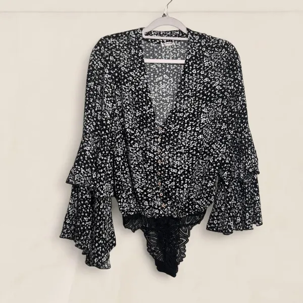 Free People Ditsy Micro Floral black Bodysuit | Size XS Coquette Boho - Image 2
