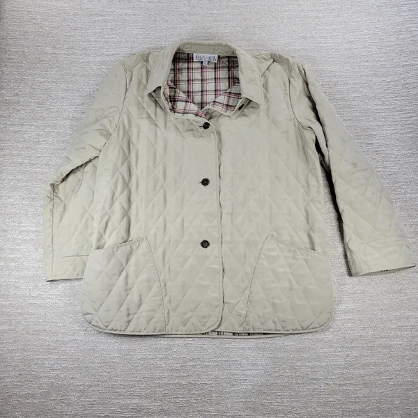 Julia Klein Quilted Jacket Large Beige Plaid Lined Preppy Equestrian Barn Coat - Image 13