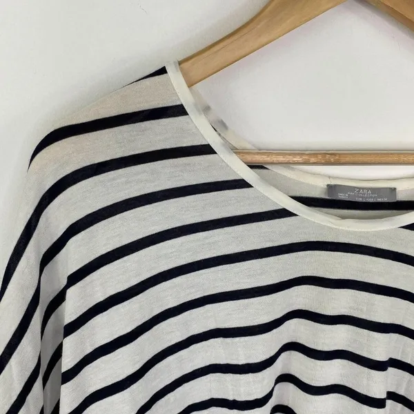 Zara Black White Striped Half Sleeve Scoop Top L - Image 4