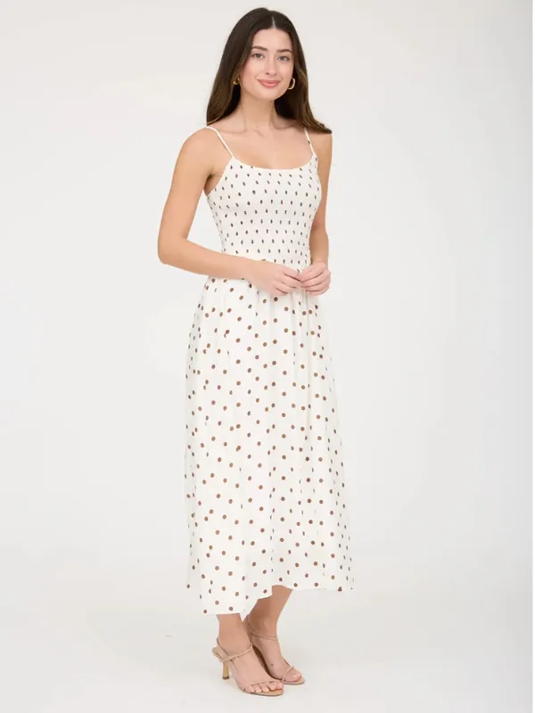 Blu Pepper White Polka Dot Smocked Basque Waist Midi Dress Large - Image 6