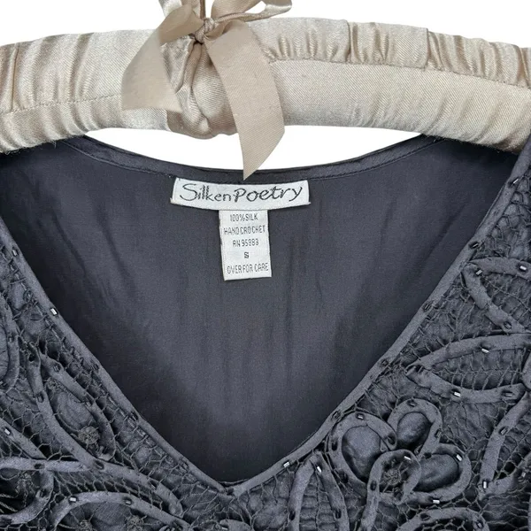Vintage Silken Poetry‎ S Silk Black Beaded Crochet Lace Top Whimsigoth Fairy - Image 4
