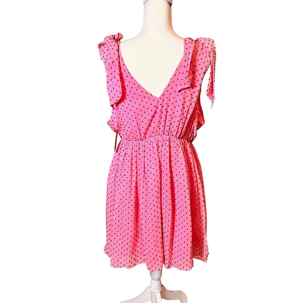 BuddyLove Melanie Tie Shoulder Mini Dress Pink Black‎ Polka Dot V-Neck Large NWT - Image 3