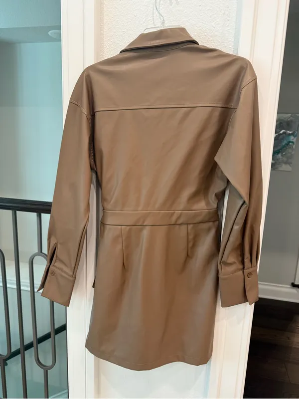 LE LIS Faux Leather Shirt Dress Taupe Tie Waist Mini Dress NWT Small - Image 5