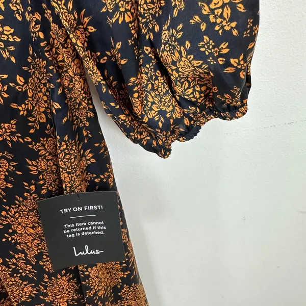 Lulus Graceful Impression Black and Orange Floral Print Midi Dress Satin S NWT - Image 10