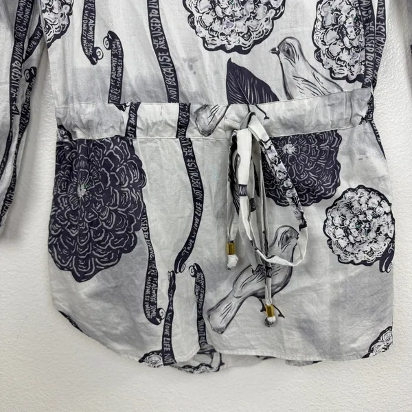 Custo Barcelona Tunic Womens Size 2 Gray Floral Bird Print Drawstring Waist Top - Image 4
