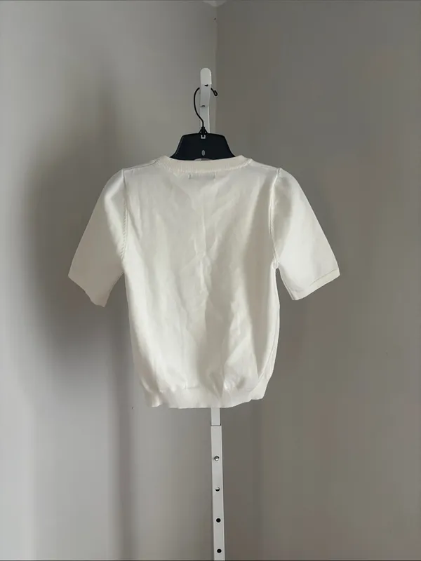 SheIn Ivory Cream Short-Sleeve Pearl-Embellished Sweater Knit Preppy Size Small - Image 3