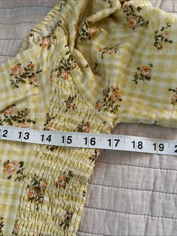 RVCA Gretel yellow gingham Floral smocked cottage puff Sleeve Mini Dress L - Image 10