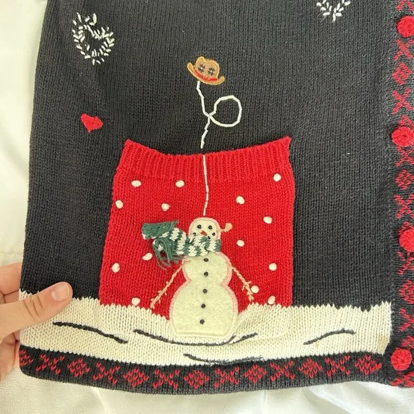Vintage Karen Scott Snowman Sweater Cardigan Faux Fur Womens Large‎ L Snowflakes - Image 2