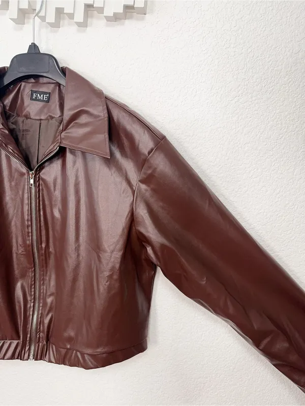 Amazon Brown Faux Leather Collared Zip Front Cropped Bomber Jacket - Image 5