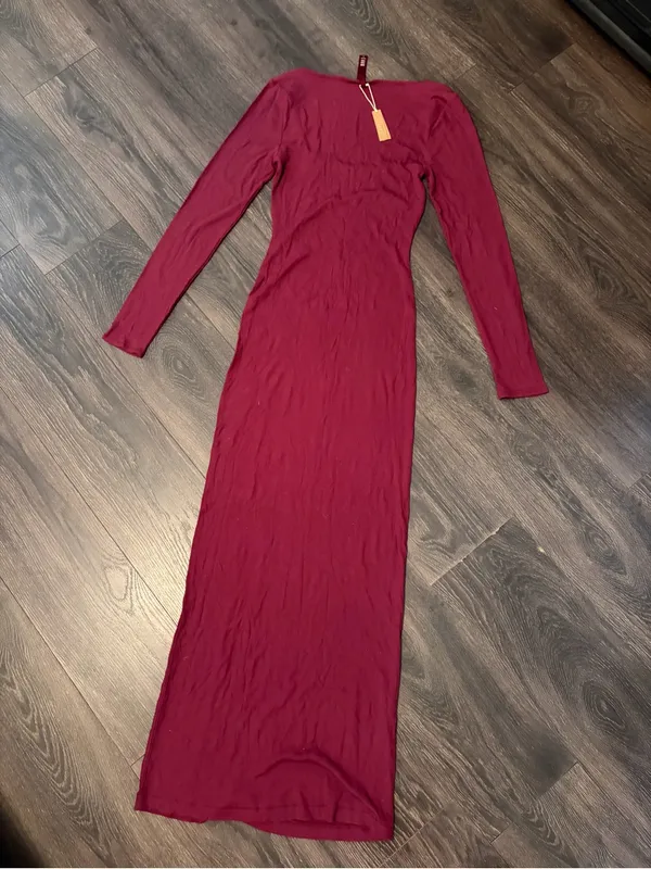 NWT SKIMS Wine Body Shaping Stretch Ribbed Modal Maxi Dress L Kim Kardashian - Image 8