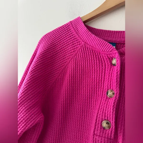 Old Navy Hot Pink Waffle Knit Henley Long Sleeve‎ Sweater - Image 2