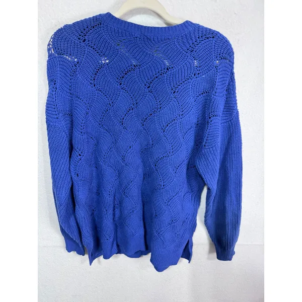Staccato M Blue Crochet Knit Sweater‎ Women's Long Sleeve Pointelle Boho - Image 5
