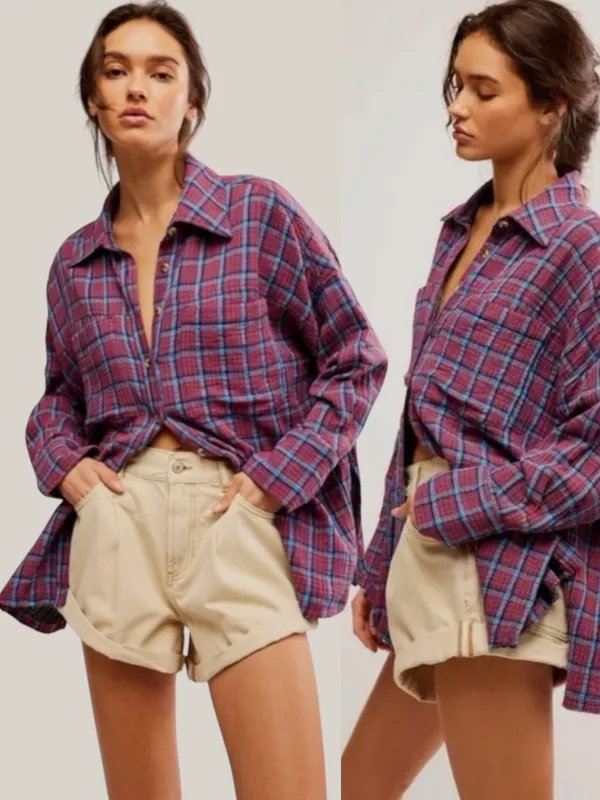 Free People Oversized Bohemian Grunge Cardiff Plaid Swing Top Shirt XL - Image 2