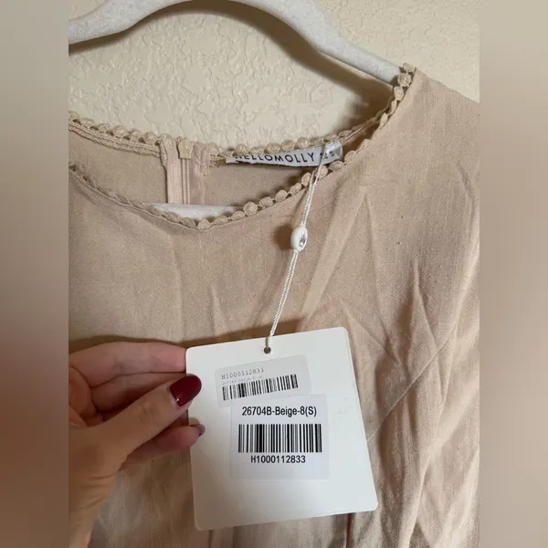 Hello Molly Follow My Lead Linen Mini Dress Sz Small‎ Beige Flare Sleeve NEW - Image 10