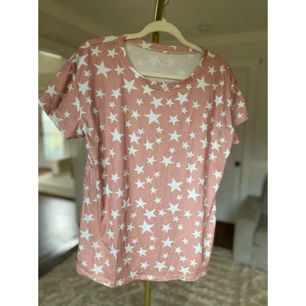 Amazon Pink Star Print Short Sleeve Tee L Comfy Casual Lounge Soft Girl Relaxed Basic L - Image 2