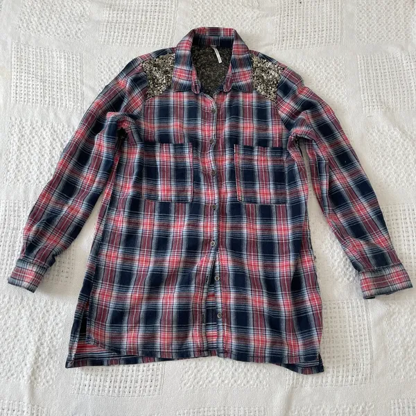 Free People Little Bit of Sugar plaid flannel sequin mesh panels TLS2 3585 - Image 8