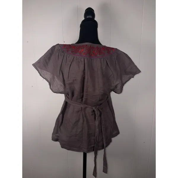 Free People Embroidered Linen Peasant Blouse Square Neck Tie Back Brown Boho A - Image 2