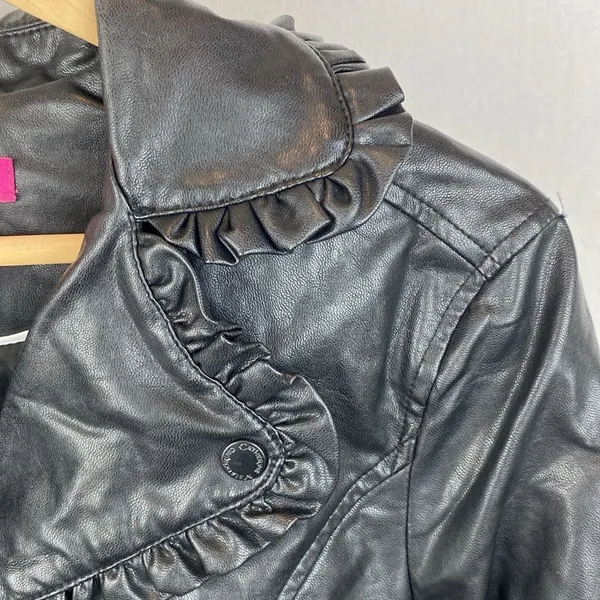 Catherine Malandrino Black Faux Leather Zip Up Ruffle Trim Cropped Jacket M - Image 4