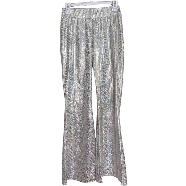 NWOT Silver Holographic Sequin High Rise Flare Bell Bottom Pants Small - Image 6