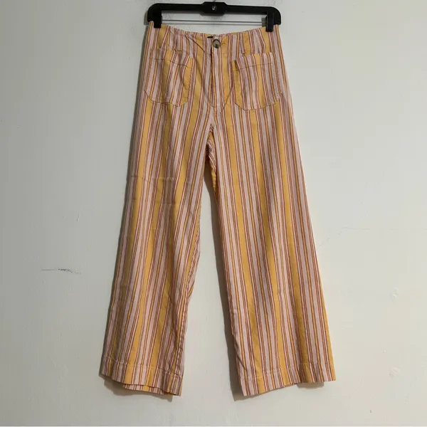 Anthropologie Maeve The Colette Cropped Wide Leg Linen Blend Striped Pants 27 - Image 2