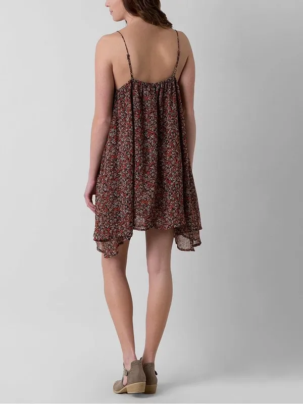 Volcom Laying Low Dress Red Floral Spaghetti- Strap V-Neck Swing Mini - Medium - Image 2
