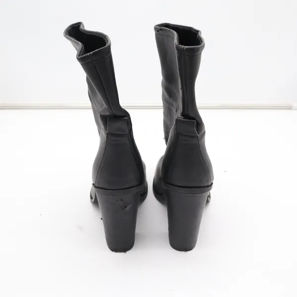 Black Faux Leather Mid-Calf Block Heel Boots Round Toe Size 9 Slouchy Pull On - Image 7